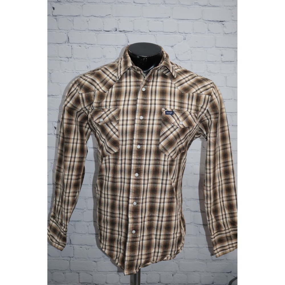 Wrangler Western Flannel Shirt Mens Large Brown Plaid Pearl Button Snaps Cowboy